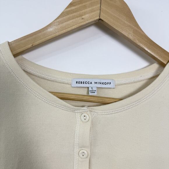 Rebecca Minkoff Janine Knit Henley Top Womens Size L Cream Puff Shoulders Cotton - Picture 2 of 6